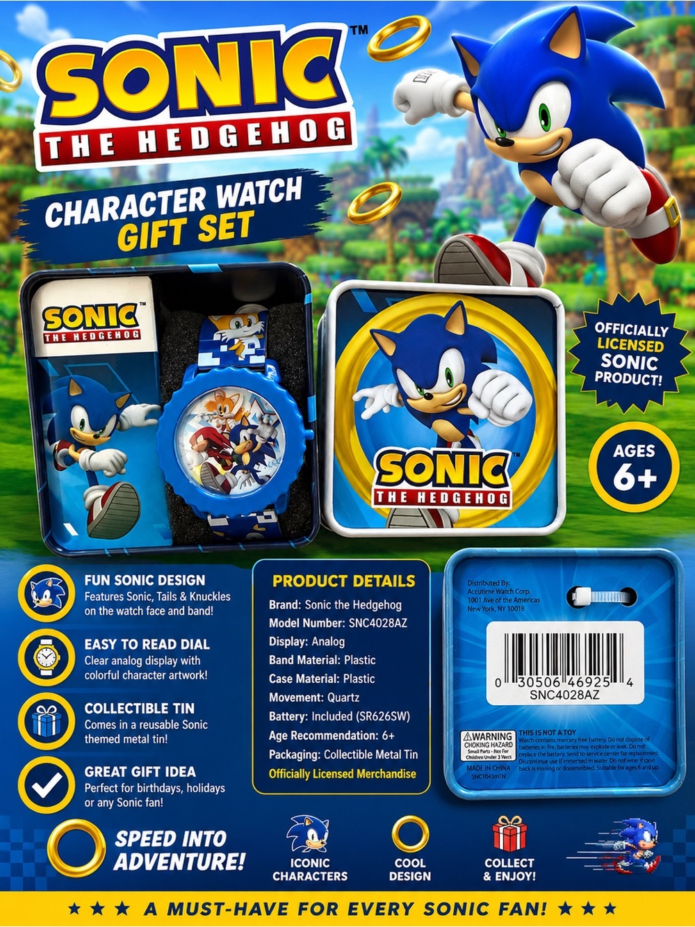 Sonic the Hedgehog Character Watch Gift Set in Collectible Tin | New